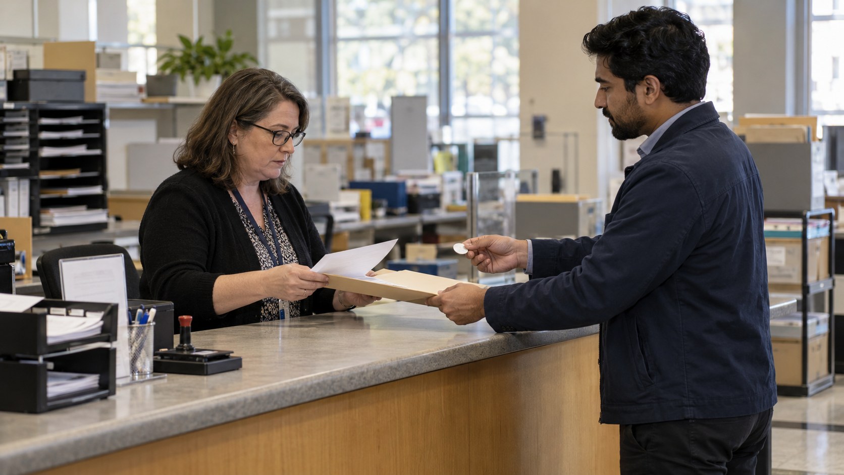 An operations lead reviews printed evidence as a software vendor passes her a case folder and approval token across an administrative service counter.
