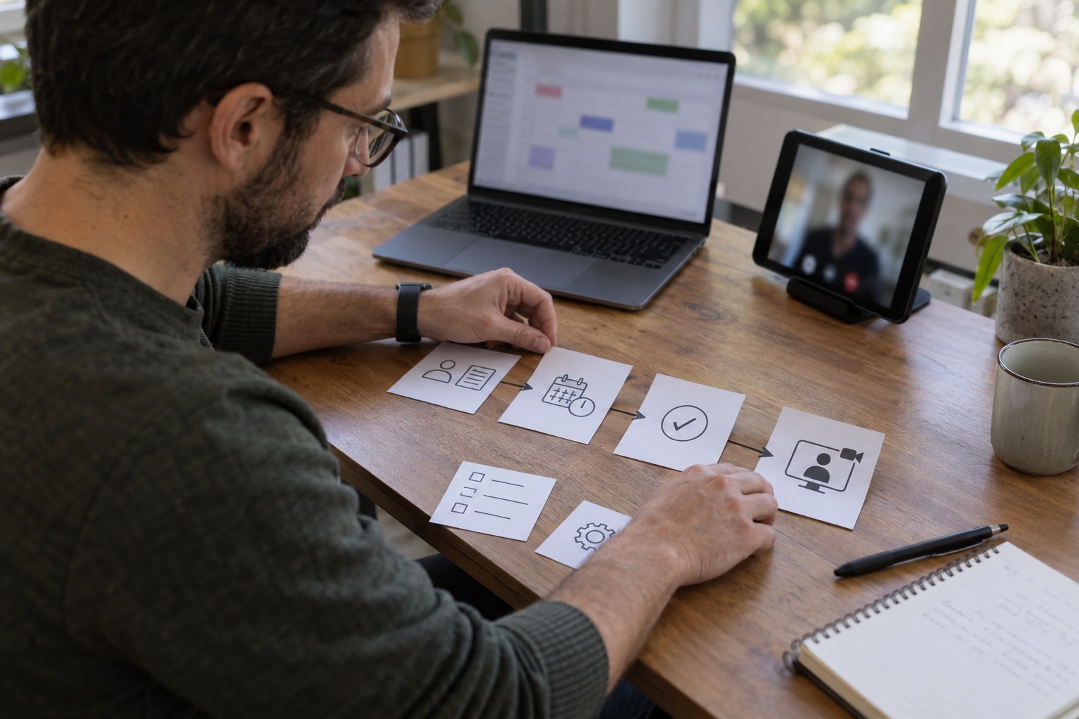 Engineer arranging printed workflow states beside a laptop and video-call test device