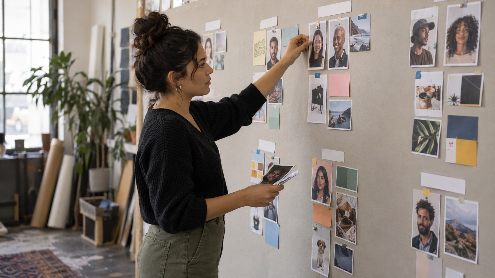 Marketplace operator stands in profile, placing creator portraits and visual content cards.