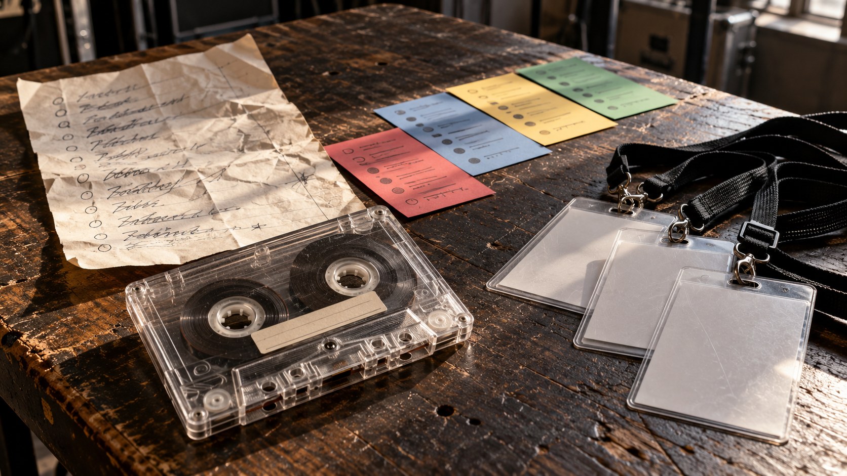 Demo cassette, creased set list, blank access passes, and color-coded release cards arranged on a scarred studio table in strong side light.