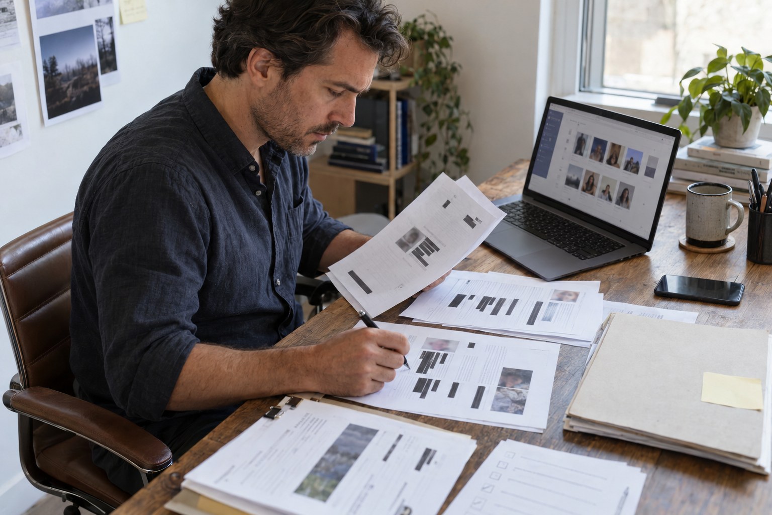 Founder reviewing moderation and continuity risks beside a membership site prototype