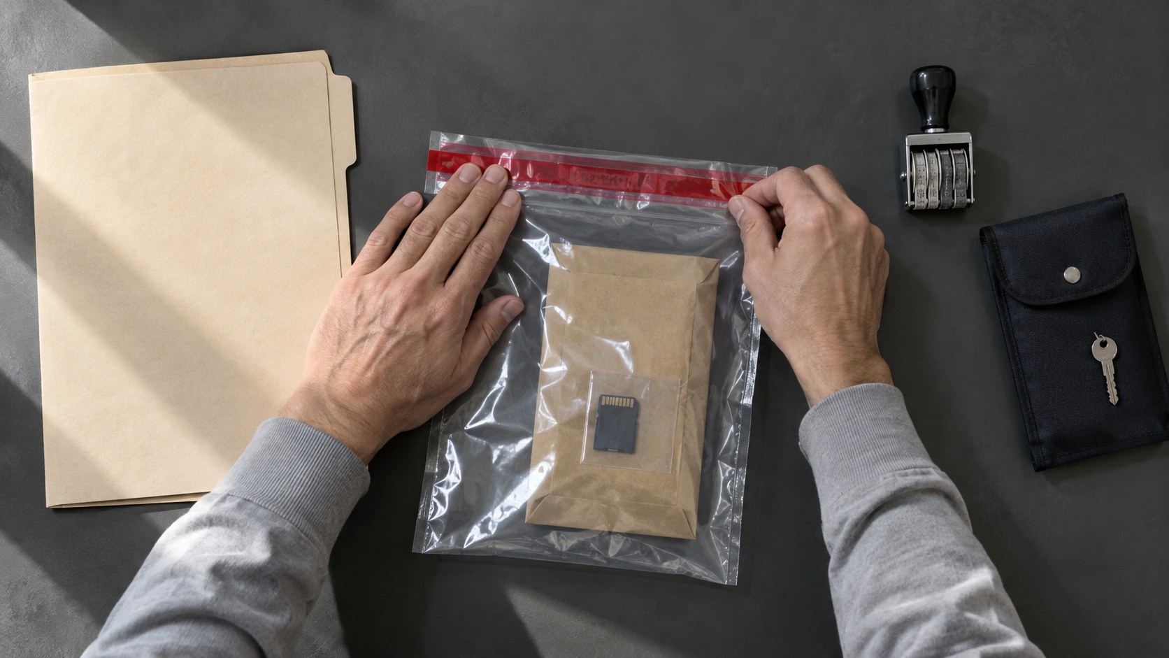 Overhead view of hands sealing an evidence bag beside an incident folder, date stamp, and access-key pouch on a secure workbench.