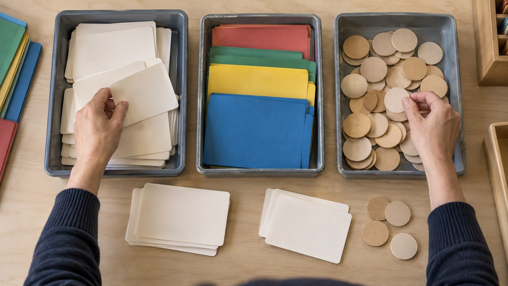 Overhead view of a teaching coordinator’s hands sorting blank lesson cards, colored resource folders and plain wooden session tokens into trays.