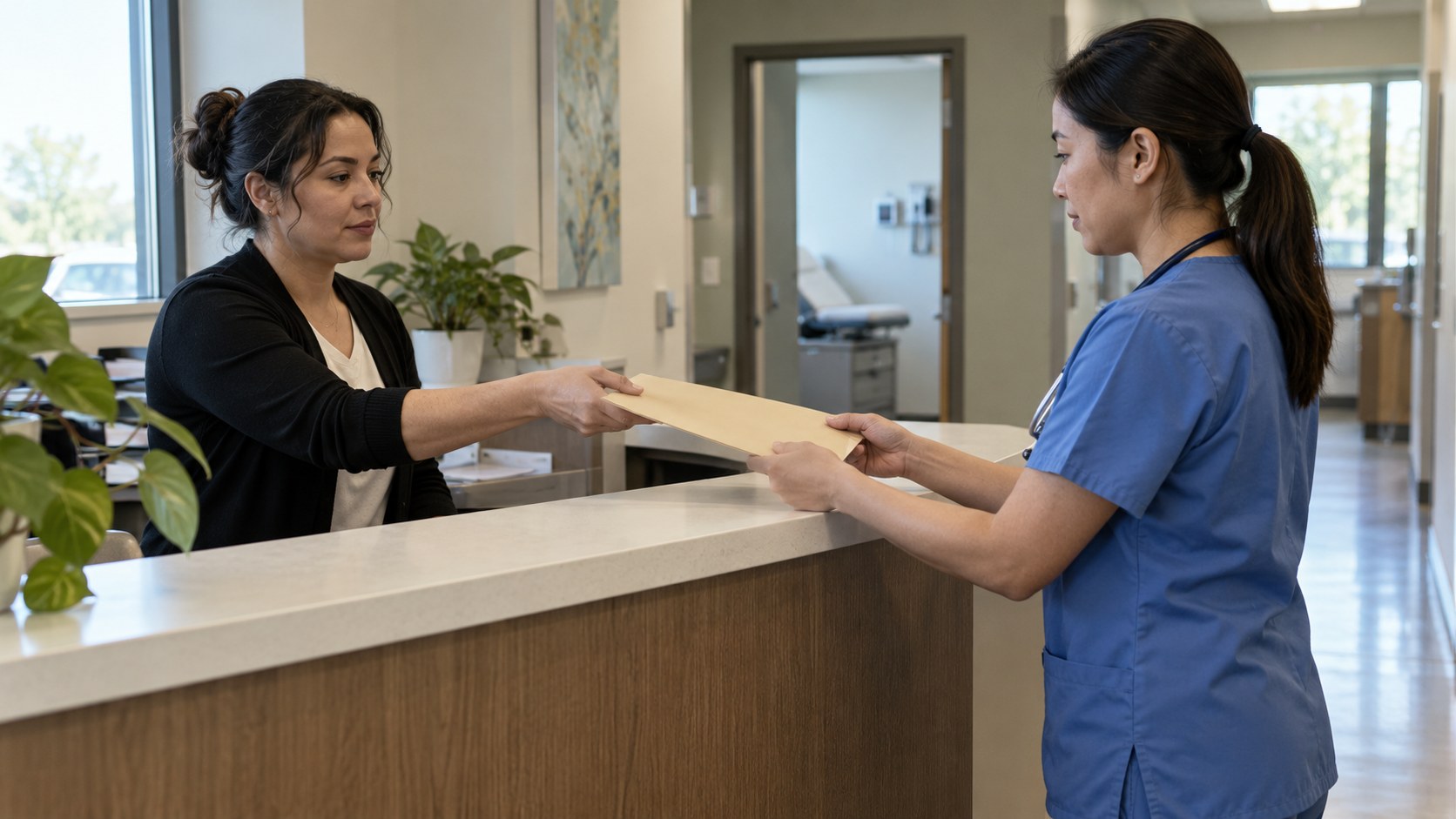 A clinic receptionist passes a sealed folder across the reception counter to a practitioner in blue scrubs during a handoff rehearsal.