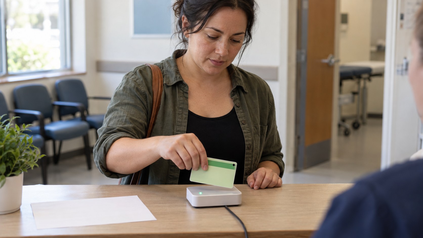 Tester scans a pale green booking card on a compact reader at a small clinic reception counter in natural daylight.