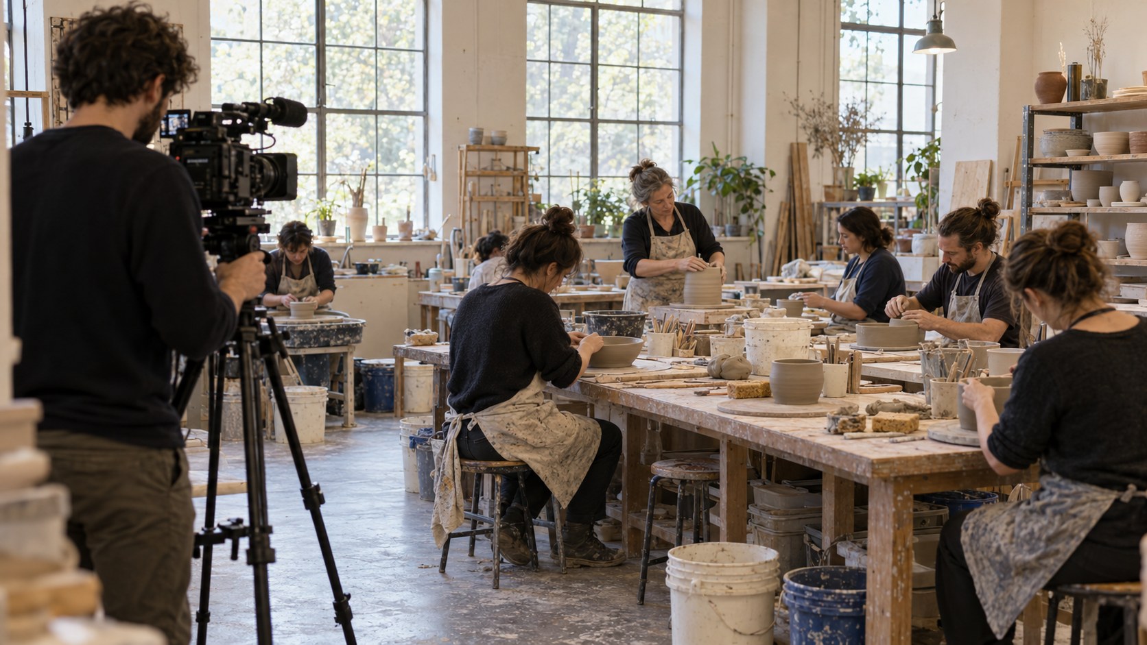Camera operator films an instructor and adult participants working with clay around long benches in a sunlit ceramics teaching studio.
