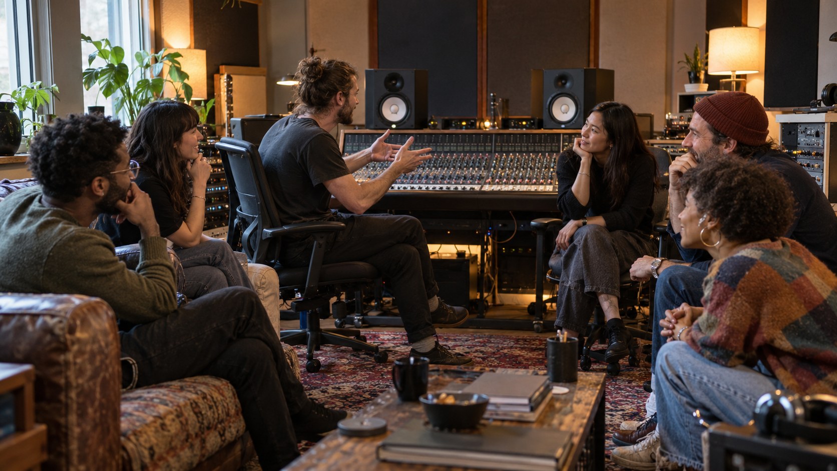 Three musicians and invited fans discuss a playback around the mixing console and studio monitors in a warmly lit compact control room.
