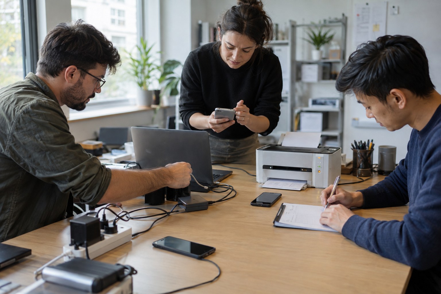 Small software team conducting a workflow failure rehearsal with test devices