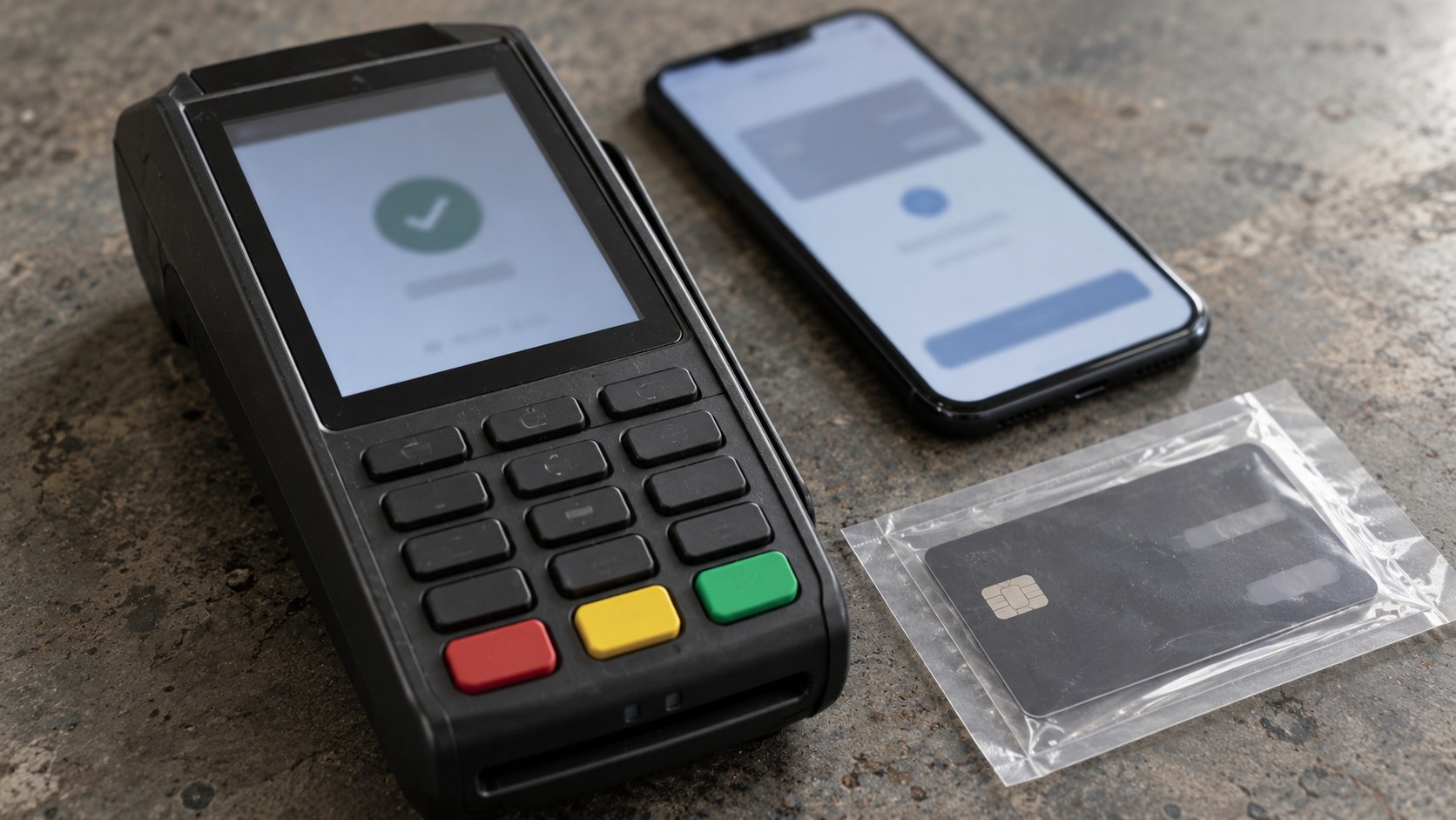 Close-up of an unbranded payment terminal, smartphone checkout screen, and sealed test card on a worn workbench.
