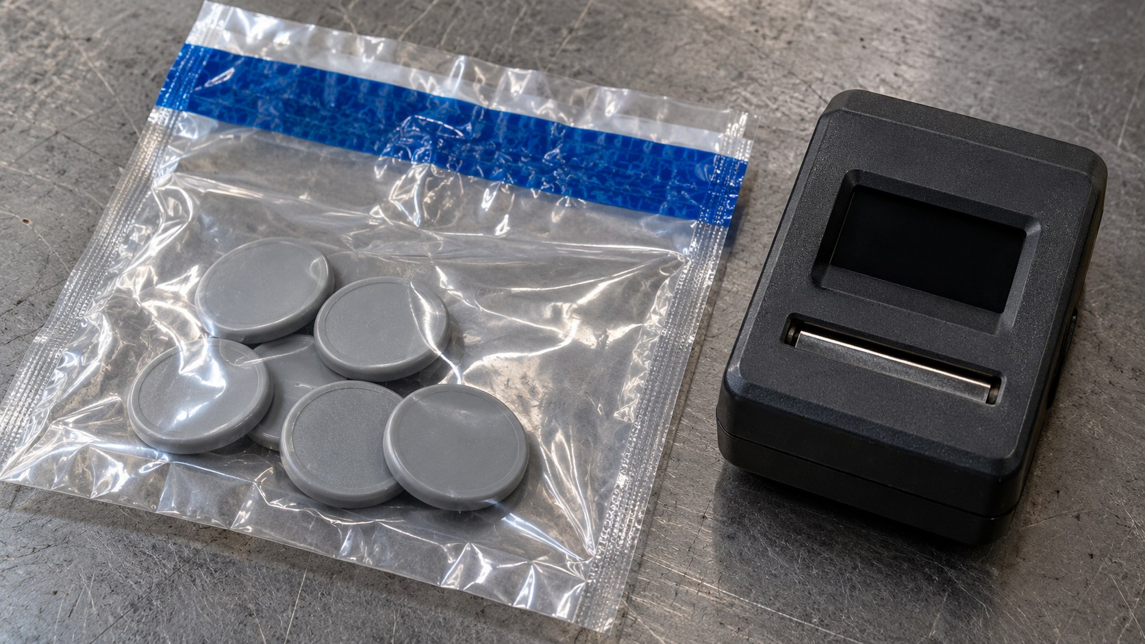 Sealed evidence pouch containing gray test tokens beside a compact timestamp device on a scratched service counter.