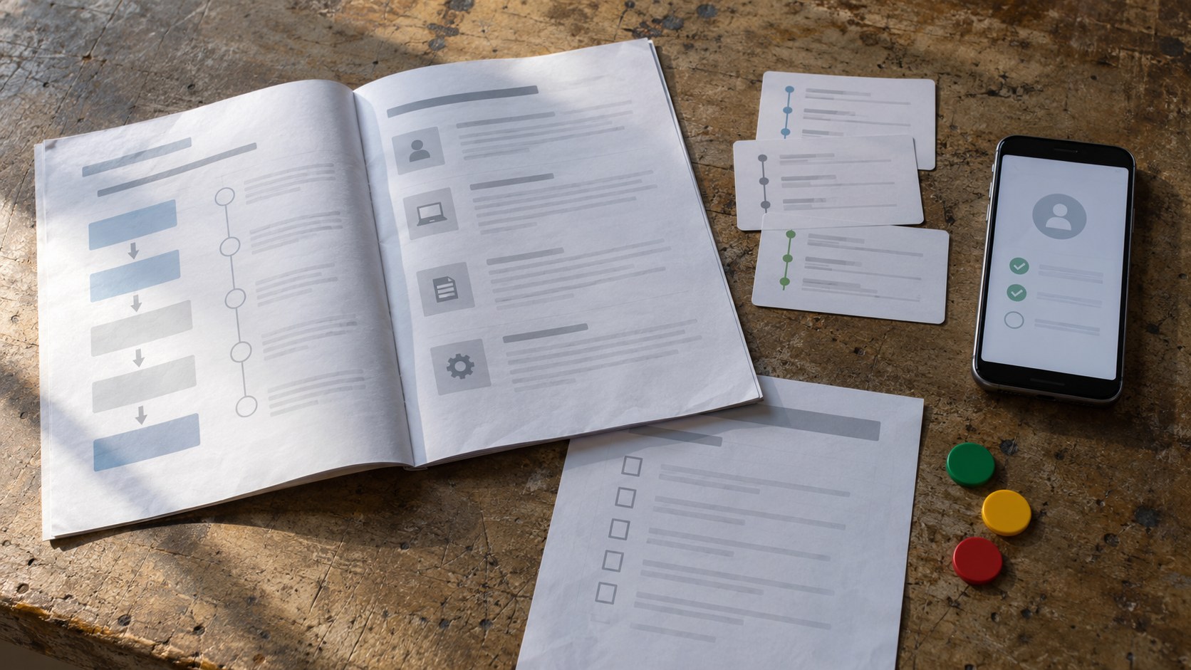Open onboarding runbook, timestamp cards, access-test phone, preference checklist.