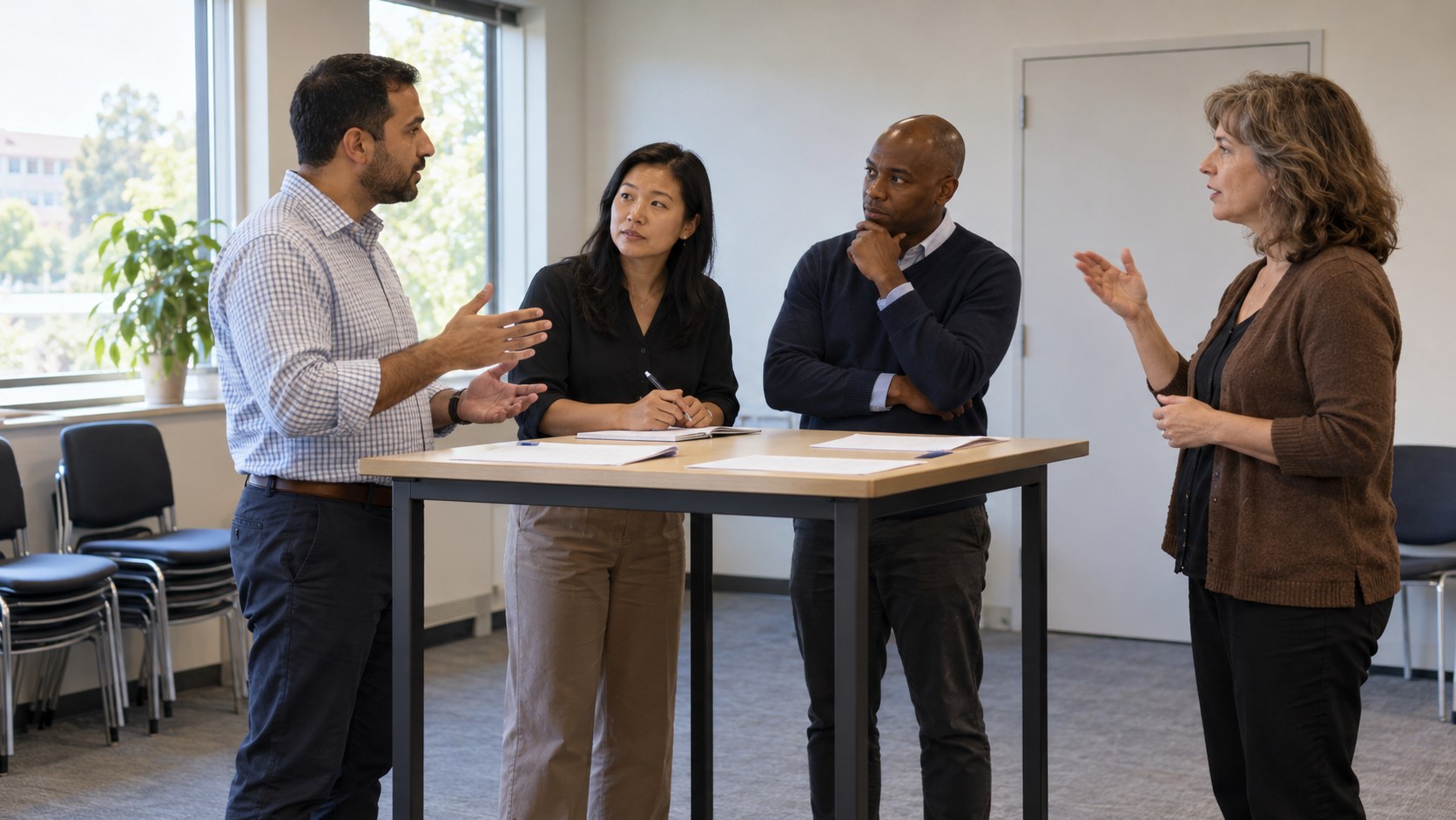 Adult language learners rehearse a business conversation around a standing table as a coach gives spoken feedback in a naturally lit training room.