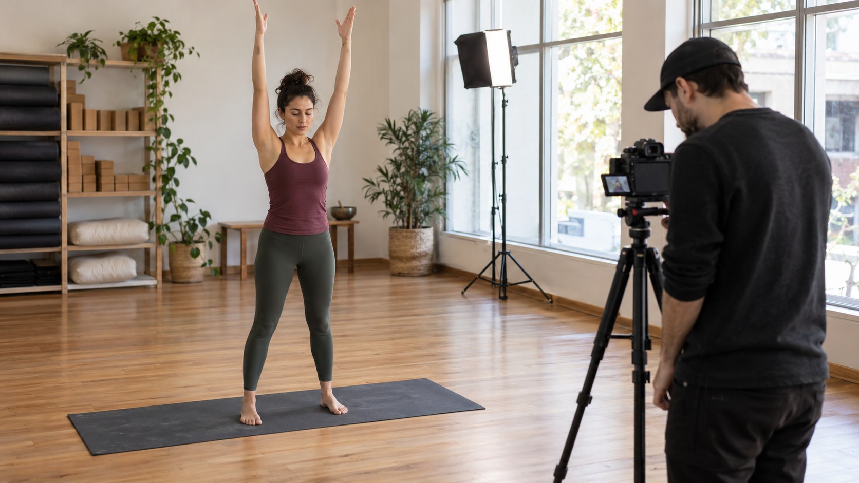 Yoga instructor demonstrates a standing movement on a mat while a staff member checks a tripod-mounted camera in a.