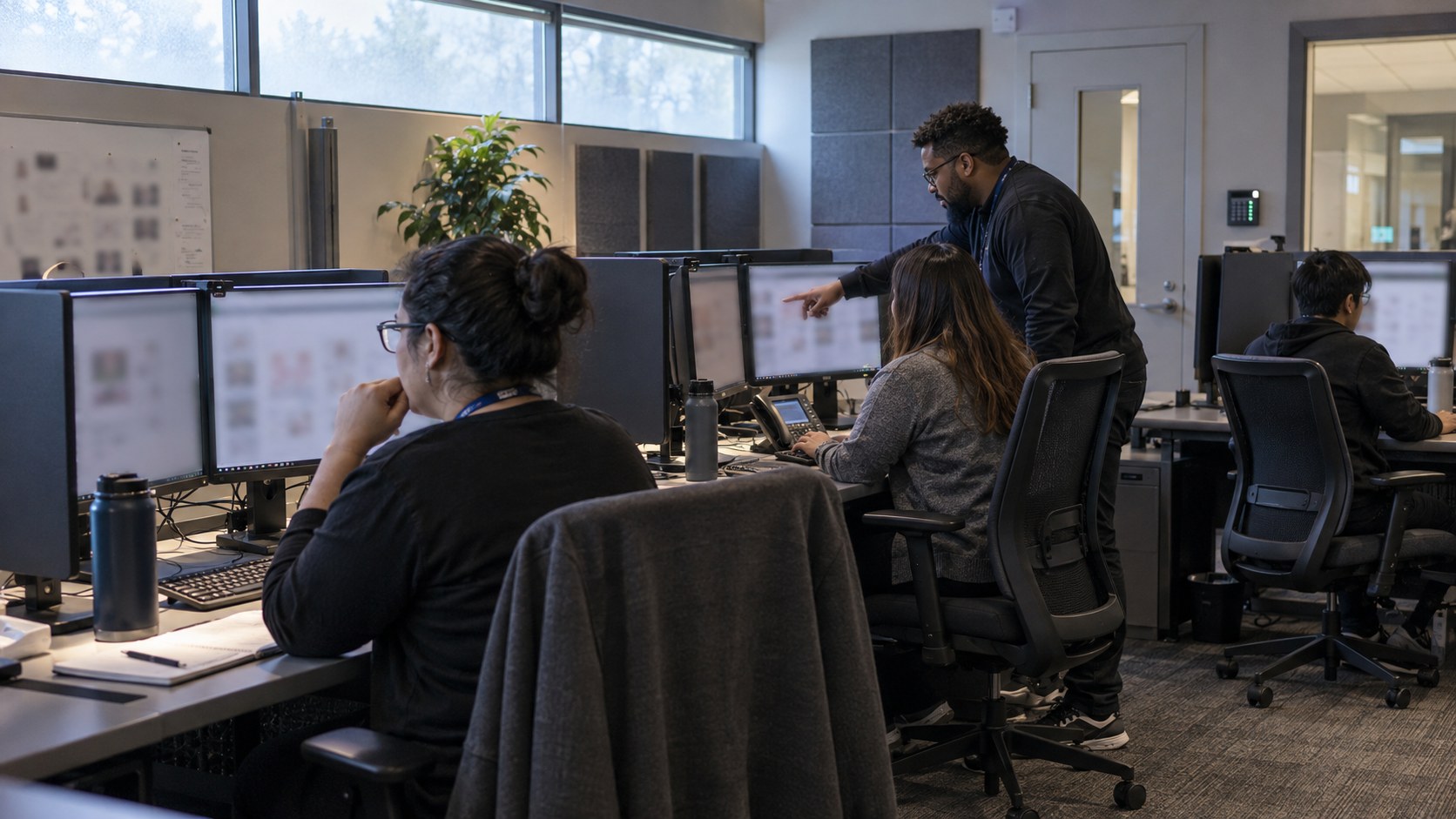 Moderation operators review blurred creator media across privacy-screened monitors in a secure operations room, with an escalation phone nearby.