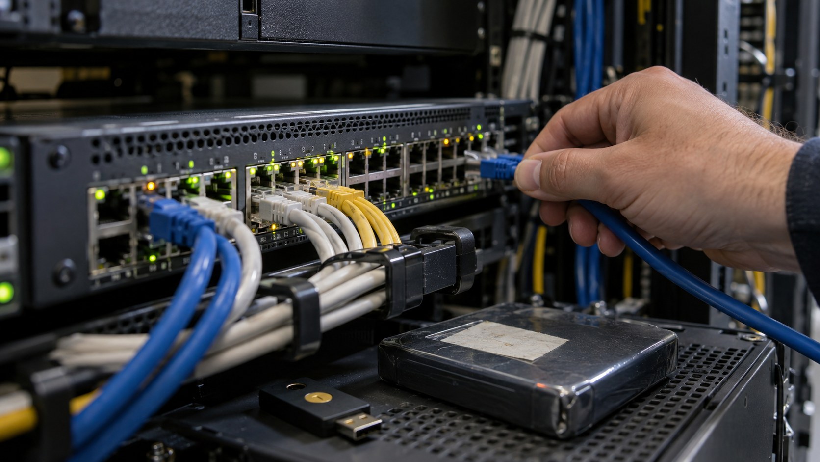 Technician moves a blue cable on a rack-mounted network switch beside a hardware security key and sealed backup.