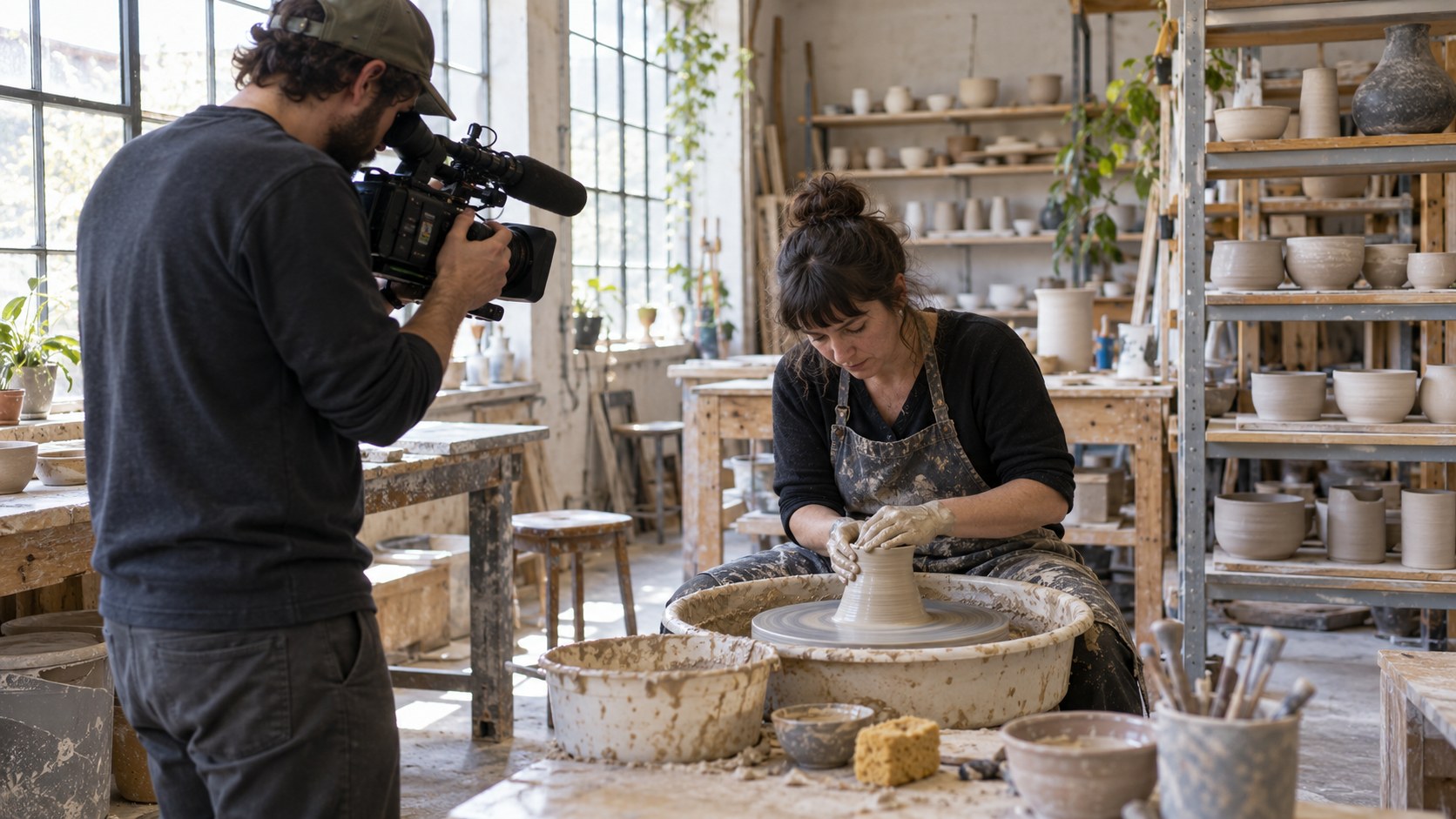 A camera operator films a ceramics instructor shaping wet clay on a pottery wheel in a daylight-filled working studio.