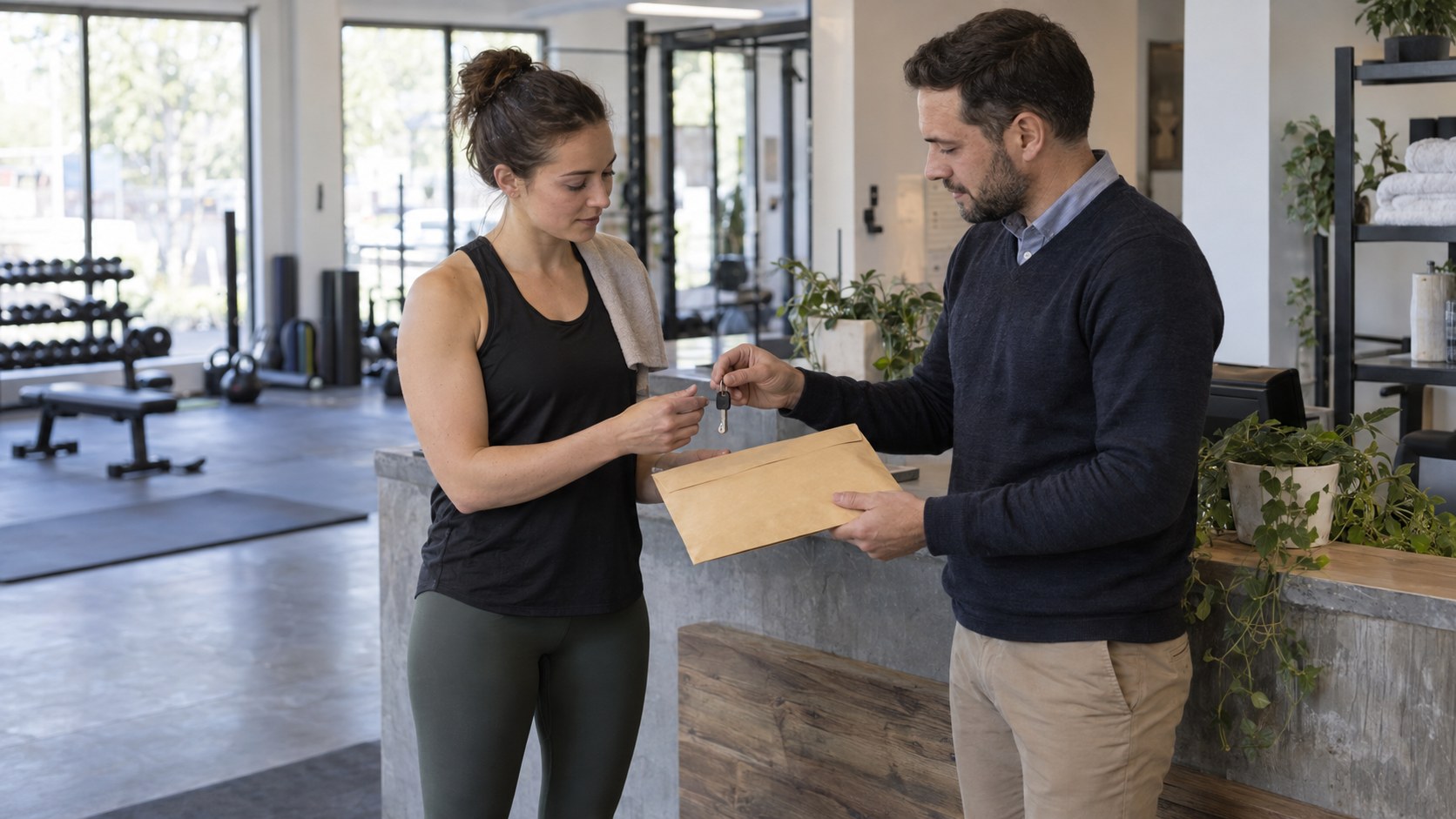 A fitness instructor and operations specialist exchange a sealed records envelope and storage key at a daylight.
