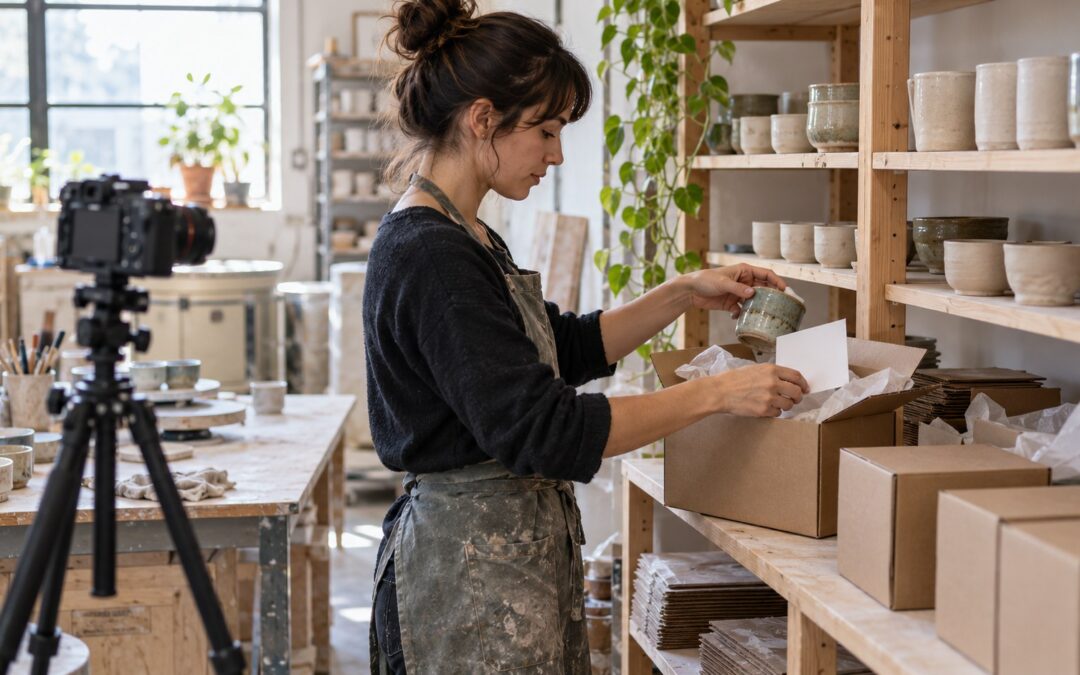 A ceramic artist stands in profile packing a handmade cup into a kraft parcel while a tripod-mounted camera records in a sunlit studio.
