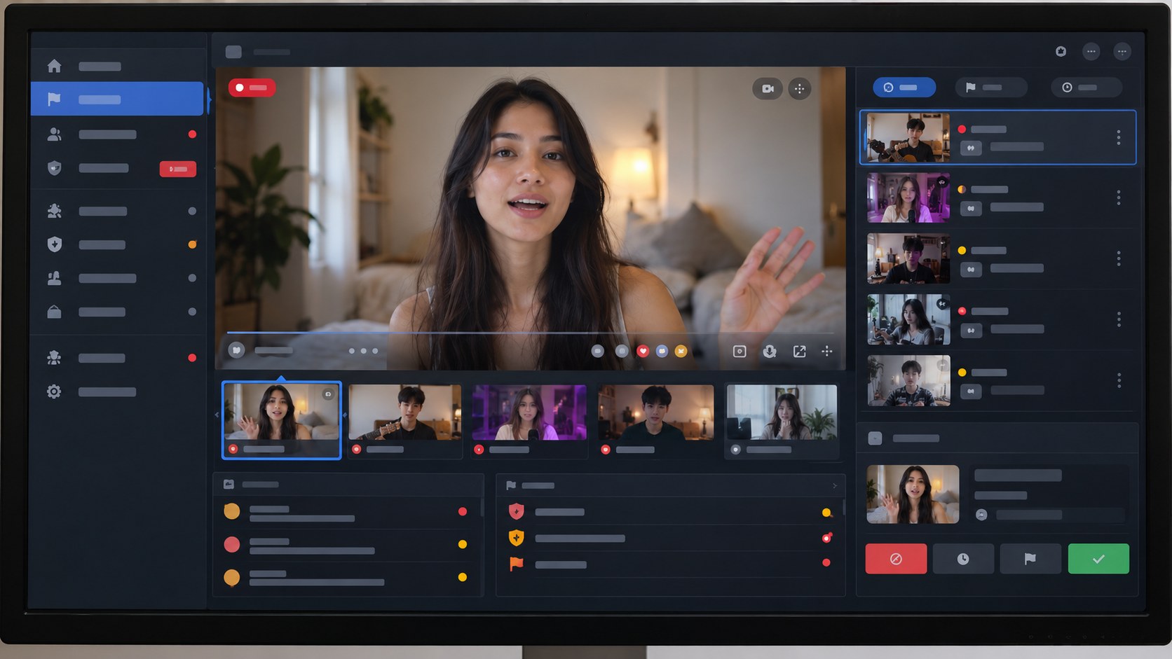 Close frontal photograph of an unbranded monitor displaying a live-video moderation workspace with preview, participant queue, report markers, and controls.