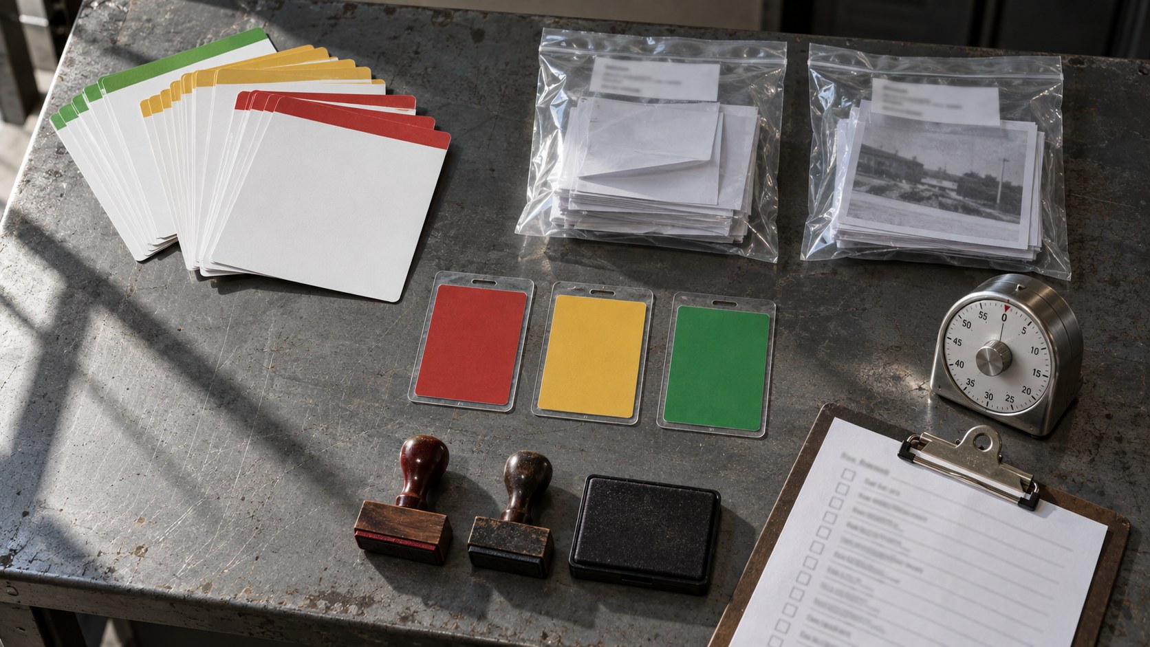 Scenario cards, permission badges, sealed evidence packets, approval stamps, a mechanical timer and a checklist on a sunlit metal workbench.