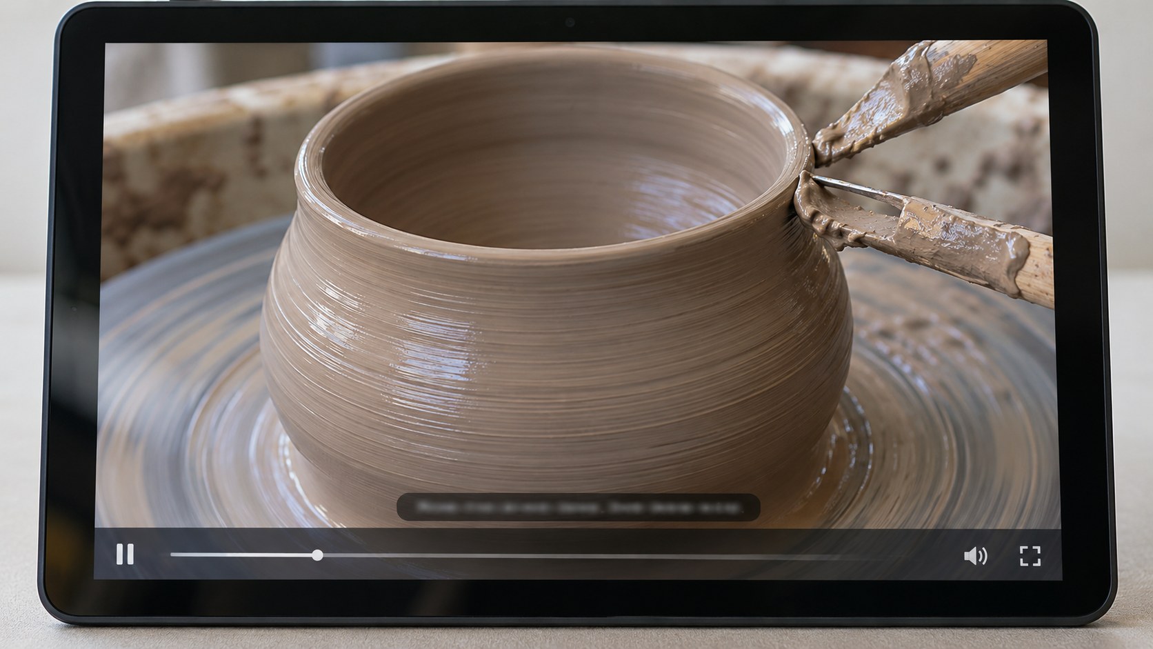 Close frontal view of an unbranded tablet showing a paused pottery lesson with a clay vessel, blurred captions, and simple playback controls.
