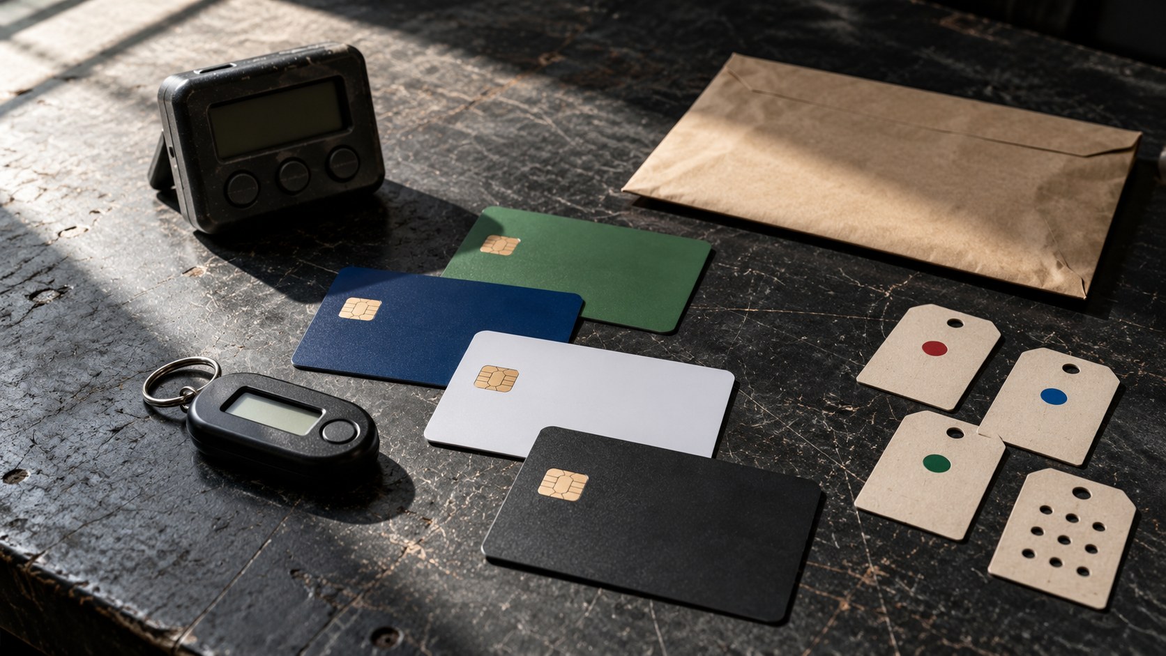 Payment test cards, a hardware token, booking tags, timer and sealed envelope arranged under directional light on a scratched dark workbench.