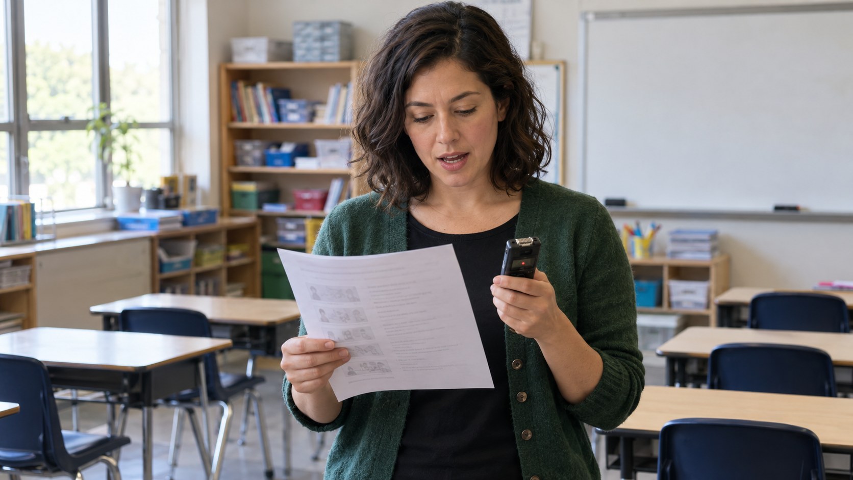 An educator reads from a printed lesson while checking a handheld audio recorder in a naturally lit, empty classroom.