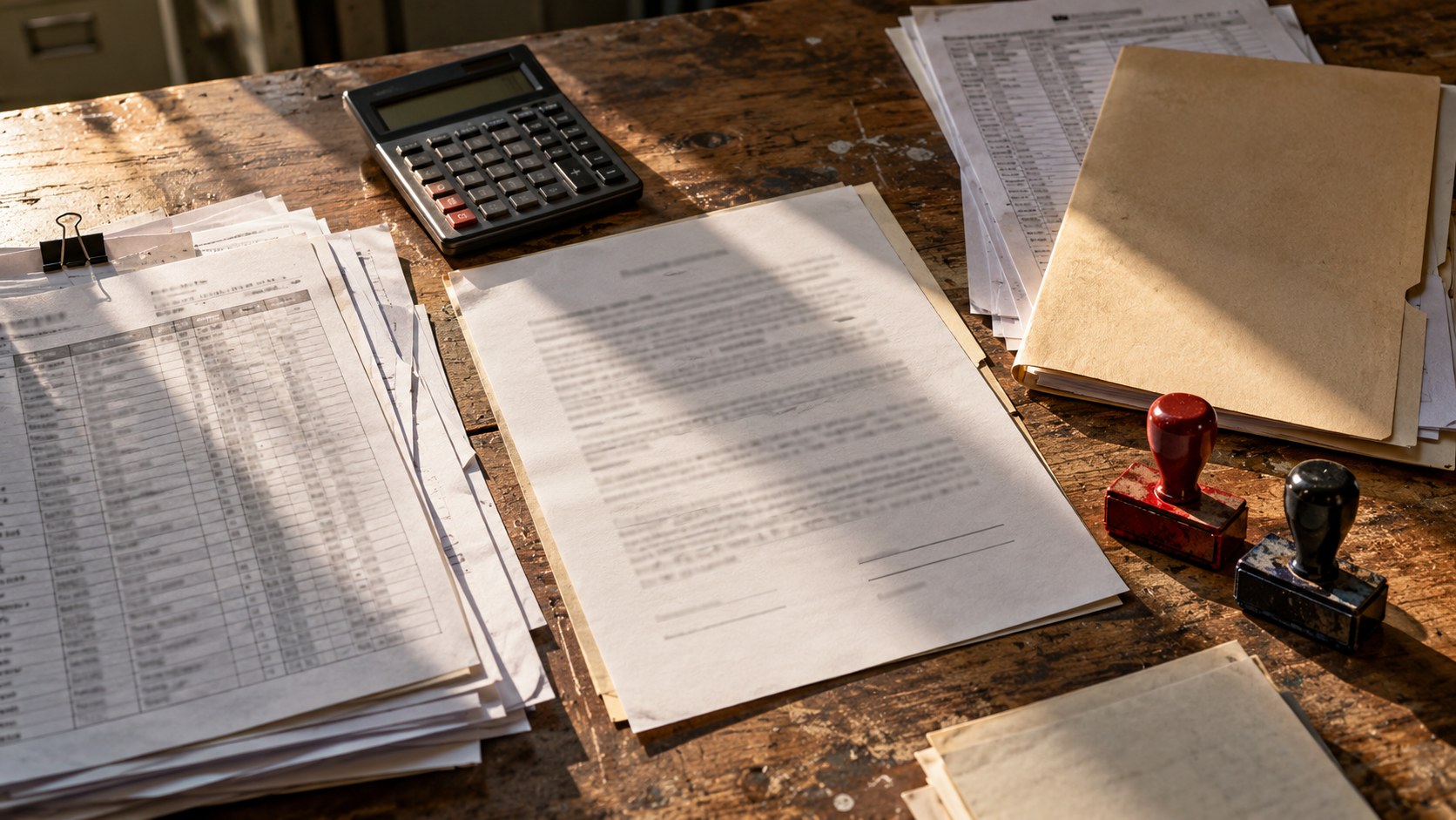 Agreement, payout ledgers, release folder, calculator, and red and blue review stamps on a worn wooden table in.