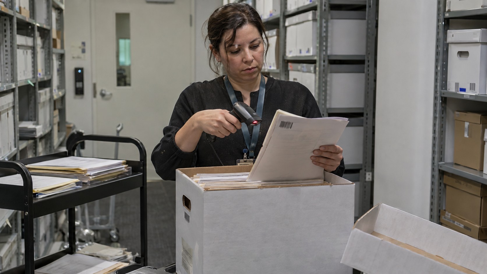 Operations specialist scans a completed exit packet over an archive box in a secure records room lined.