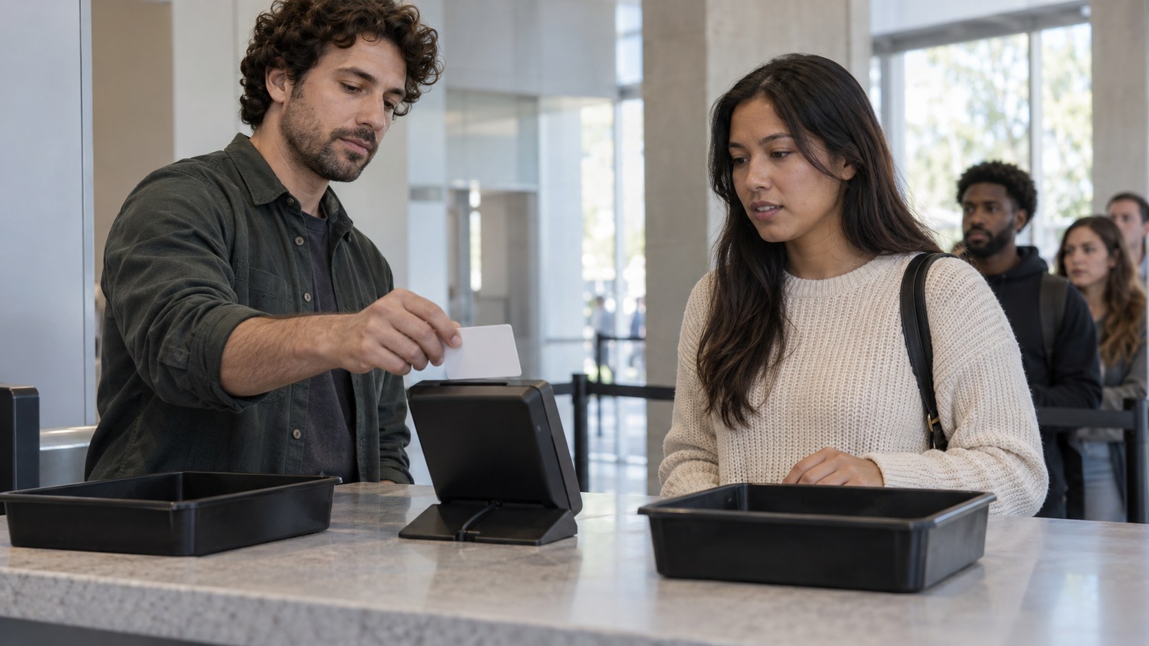 Operations specialist moves a privacy-protected identity card toward a verification terminal as a creator waits at.