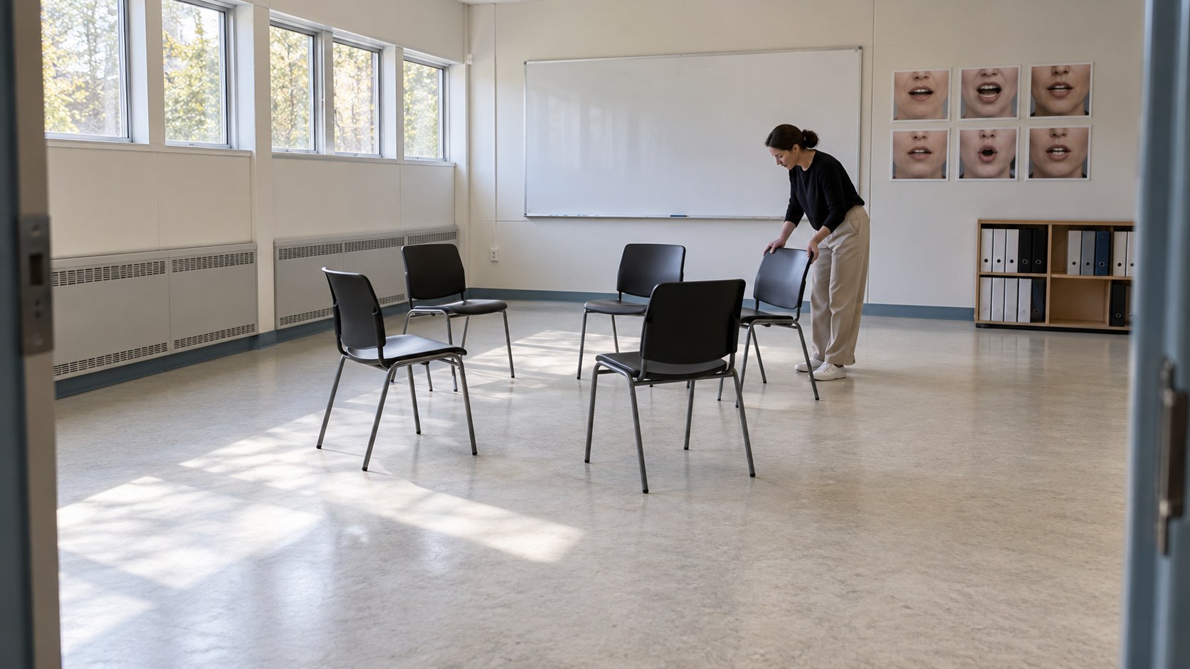 Language instructor arranges chairs in a discussion circle across the open floor of a daylight-filled teaching studio.